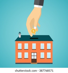 Concepto de inversión de Vector en estilo plano - hombre de negocios que pone la moneda dentro de la casa - inversión inmobiliaria