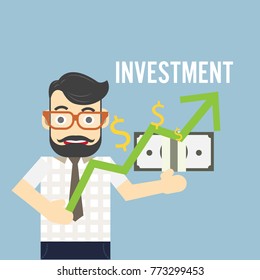 Vector investment concept.  in flat style happy and smart business man and graph