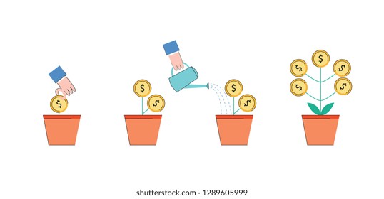 Vector investment concept with hand planting golden coin as a seed into ceramic pot, then watering it from watering can with plant with growing money as result. Business planning and profit symbol