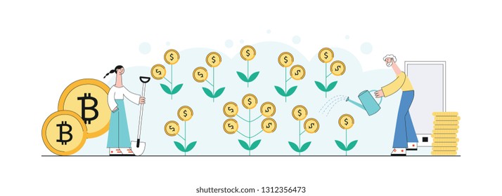Vector investment concept with woman and man planting and watering golden coin with green leaves seedlings to get money tree with smartphone and coins stuck background.