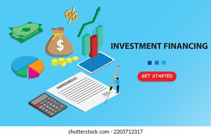 A vector investment financing concept. Miniature signing agreement, calculator, graph, stochastic, money bag, coin, cash and get started vector