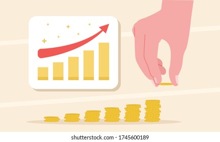Vector Investment zunehmend Illustration. Handprägemünzen erhöhen das Geld und den Gewinn mit Pfeildiagrammen.