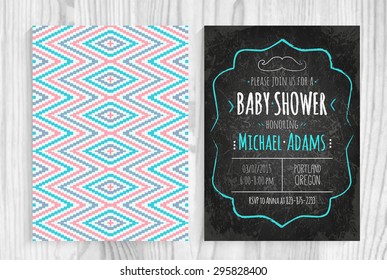 Vector invitation to the Baby Shower. Aztec tribal pattern with chalk blackboard style