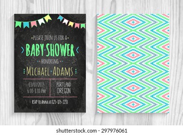 Vector invitation to the Baby Shower with . Ã??halk blackboard with Aztec tribal pattern with a garland of flags. Background with a aztec tribal geometric pattern. Wooden board