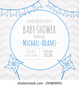 Vector invitation to the baby shower fo a boy kids with a pinwheels and garland of flags