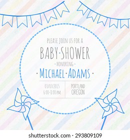 Vector invitation to the baby shower fo a boy kids with a pinwheels and garlands of flags