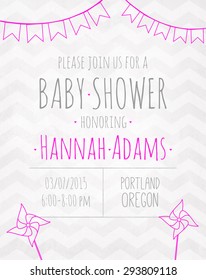 Vector invitation to the baby shower fo a girl with a pinwheels and garland of flags