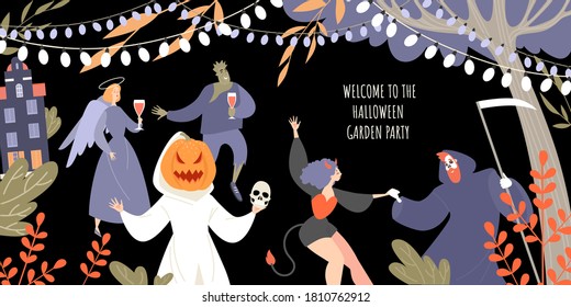 Vector invitation banner for halloween garden party with people in costumes of monsters dancing and drinking wine. Illustration in flat style