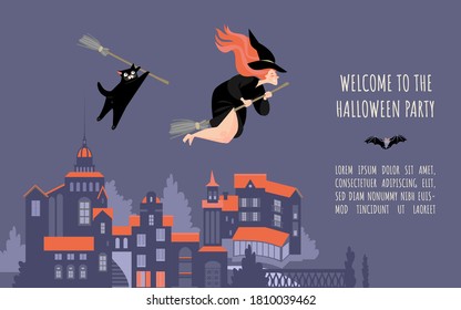 Vector invitation banner for halloween party with cartoon witch and black cat flying over night cityscape. Illustration in flat style