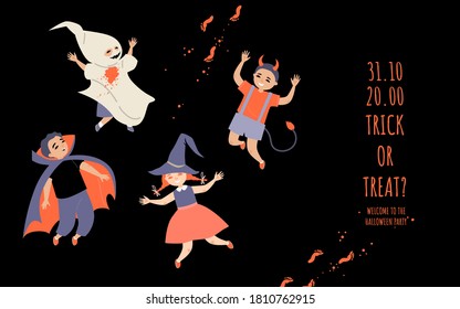 Vector invitation banner for halloween party with kids in monster costumes. Illustration in flat style