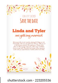 Vector invitation card with abstract splashes decoration . Save the date