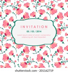 Vector invitation card with beautiful pink flowers. Floral design.