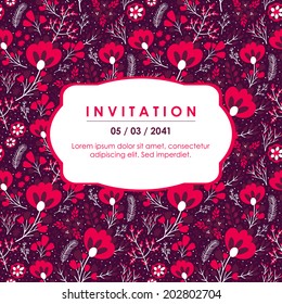 Vector invitation card with beautiful pink flowers on the dark background. Floral design.