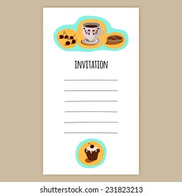 Vector Invitation Card, Birthday Card, Celebration Card, Post Card with Vector illustrations of Muffins, Cup of tea, Cherries