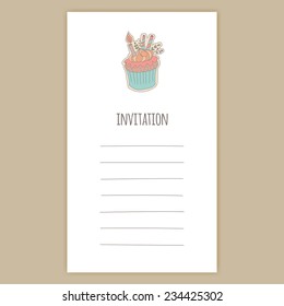 Vector Invitation Card, Birthday Card, Celebration Card, Post Card with Hand Drawn Cupcake Illustration