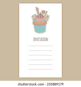 Vector Invitation Card, Birthday Card, Celebration Card, Post Card with Cute Cupcake Illustration