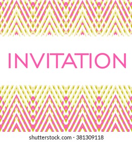 Vector invitation card with borders of zigzag pink and cream ornaments
