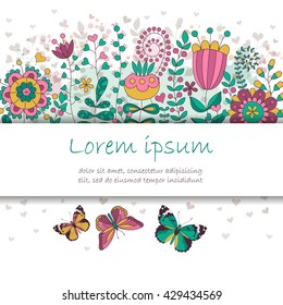 Vector invitation card with butterflies and flowers. Place for you text. Romantic card. Perfect for greetings, invitations, announcement, wedding design.