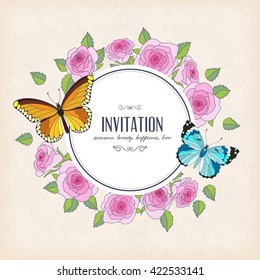 Vector invitation card with butterflies and roses. Round frame and place for you text. Perfect for greetings, invitations, announcement, wedding design.