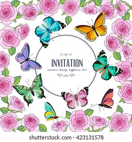 Vector invitation card with butterflies and roses. Round frame and place for you text. Perfect for greetings, invitations, announcement, wedding design.