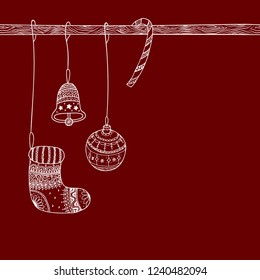 Vector invitation card of Christmas decorative symbol - candy cane, tree ball toy, sock, christmas bell on branch. Christmas greeting card of white Christmas symbols on red background