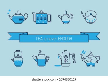 Vector invitation card with cute teapots on light blue background