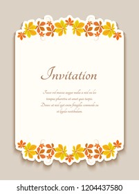 Vector invitation card with cutout borders of yellow falling leaves, autumn sale label with place for text