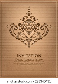 Vector invitation card with damask element. Arabesque style design.