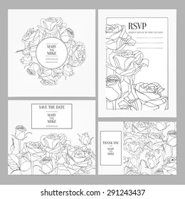 Vector invitation card design  with hand drawn roses for wedding or valentines day. Floral wedding template isolated on white