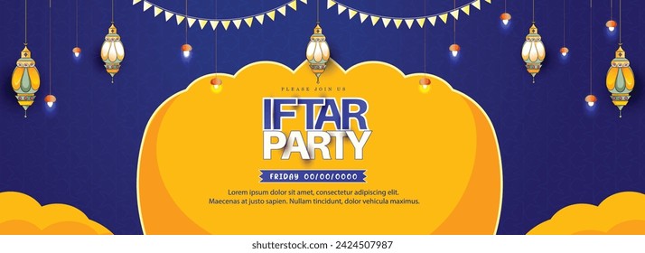  Diseño de tarjeta de invitación vectorial para fiesta Iftar con luces y fondo de fiesta.