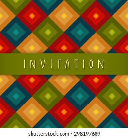 Vector invitation card design with a silky stripe and hand lettering in retro style. Colorful abstract geometric background. Celebration seamless pattern. Endless texture. Cute multicolor squares