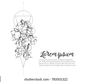 vector invitation card floral template. wild flower card leaflet. birthday wedding love sympathy stationery. black and white outline. sketch hand drawn nature. geoetric design. background with text.