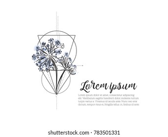 vector invitation card floral template. wild flower card leaflet. birthday wedding love sympathy stationery. black and white outline. sketch hand drawn nature. geoetric design. background with text.
