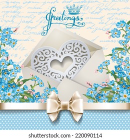 Vector invitation card with flowers. Scrapbook style retro background. Open envelope and beautiful flowers. Congratulation on wedding. Greeting card. Floral illustration in vintage style Valentine. 