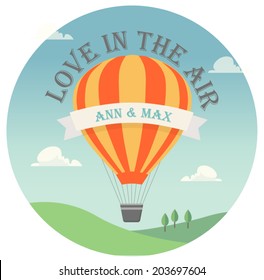 Vector invitation card with flying hot air balloon in the sky with text