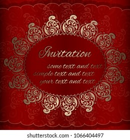 Vector Invitation card with golden classic royal ornaments in red and gold. Square card layout with rich golden pattern on red. Template for Invitation, save the date, banner, brochure, poster.