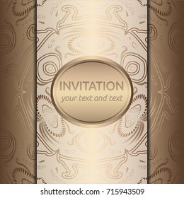 Vector Invitation card with golden classic royal ornaments in white and gold. Square card layout with rich golden pattern on white. Isolated. Template for save the date, banner, brochure, poster.