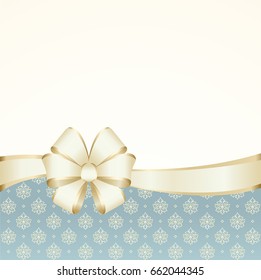 Vector Invitation card with golden holiday ribbon and bow. Gift Voucher Template  with  place for text.