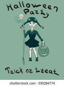 Vector invitation card for Halloween. The little witch.