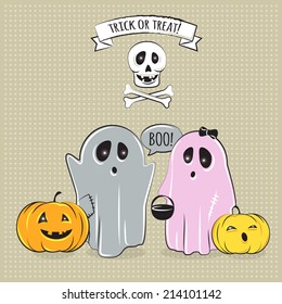 Vector invitation card for Halloween Party with two ghost children, cute pumpkins and skull with bones