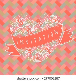 Vector invitation card with hand drawn doodle heart made of swirls and floral ornaments with a ribbon. Abstract geometric artistic background. Hipster style. Vector seamless pattern