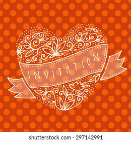 Vector invitation card with hand drawn heart made of swirls and floral ornaments with a ribbon. Abstract geometric polka dot artistic background in retro style. Seamless pattern. Endless texture