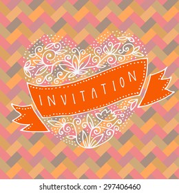 Vector invitation card with hand drawn doodle heart made of swirls and floral ornaments with a ribbon. Abstract geometric artistic background. Hipster style. Vector seamless pattern