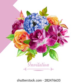 Vector invitation card. Hand-drawn watercolor illustration. Floral background. Bouquet of flowers. Roses, leaves, hydrangea