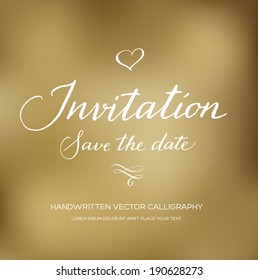 Vector invitation card with handwritten calligraphy and beige sepia blurry photographic bokeh background. Save the Date