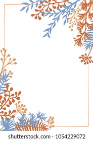 Vector invitation card with herbal twigs and branches frame corners.  Rustic vintage bouquets with fern fronds, thyme, mistletoe twigs, willow, palm branches in blue brown.
