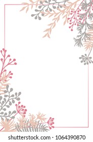 Vector invitation card with herbal twigs and branches border corners.  Rustic vintage bouquets with fern fronds, tarragon, mistletoe twigs, willow, palm branches in pink and grey on white.