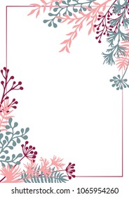 Vector invitation card with herbal twigs and branches frame corners.  Rustic vintage bouquets with fern fronds, sage, mistletoe twigs, willow, palm branches in pink cherry grey.