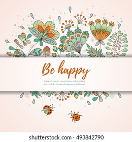 Vector invitation card with ladybugs and flowers. Place for you text. Romantic card. Perfect for greetings, invitations, announcement, wedding design.