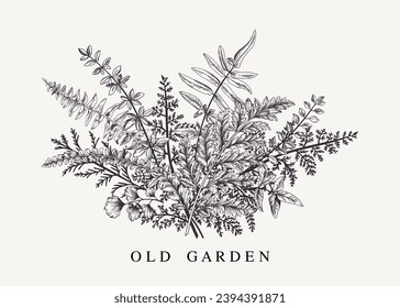 Tarjeta de invitación para vectores con ramo de flores. Hojas y helechos. Ilustración vintage. Blanco y negro.